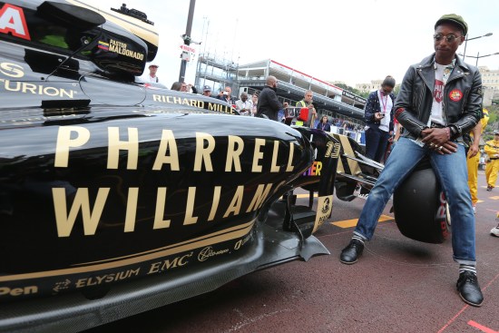 Pharrell Williams (USA) Singer-Songwriter with the Lotus F1 E23. Monaco Grand Prix, Sunday 24th May 2015. Monte Carlo, Monaco.