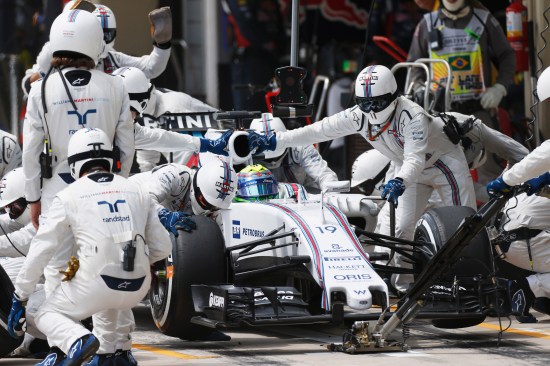 Interlagos, Sao Paulo, Brazil. Sunday 15 November 2015. Felipe Massa, Williams FW37 Mercedes, makes a pit stop. Photo: Glenn Dunbar/Williams ref: Digital Image W89P6552