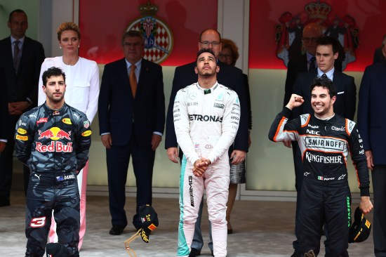The podium (L to R): Daniel Ricciardo (AUS) Red Bull Racing, second; Lewis Hamilton (GBR) Mercedes AMG F1, race winner; Sergio Perez (MEX) Sahara Force India F1, third. Monaco Grand Prix, Sunday 29th May 2016. Monte Carlo, Monaco.
