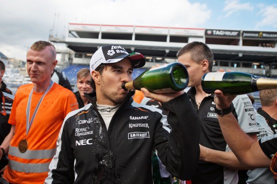 Sergio Perez (MEX) Sahara Force India F1 celebrates his third position with the team. Monaco Grand Prix, Sunday 29th May 2016. Monte Carlo, Monaco.