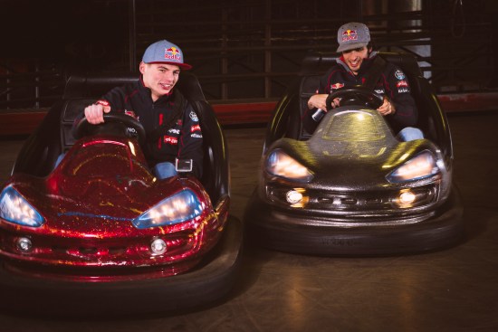 Carlos Sainz Jr and Max Verstappen perform on bumper cars in Tibidabo funfair, Barcelona, Spain on the 17 February 2015