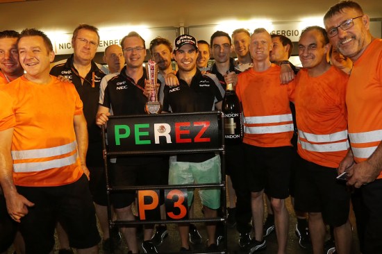 Sergio Perez (MEX) Sahara Force India F1 celebrates his third position with the team. European Grand Prix, Sunday 19th June 2016. Baku City Circuit, Azerbaijan.