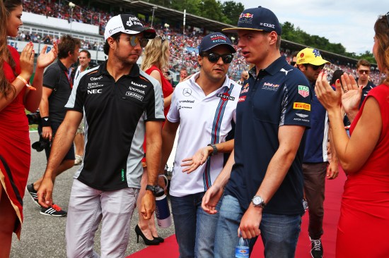 (L to R): Sergio Perez, Felipe Massa and Max Verstappen on the drivers parade.