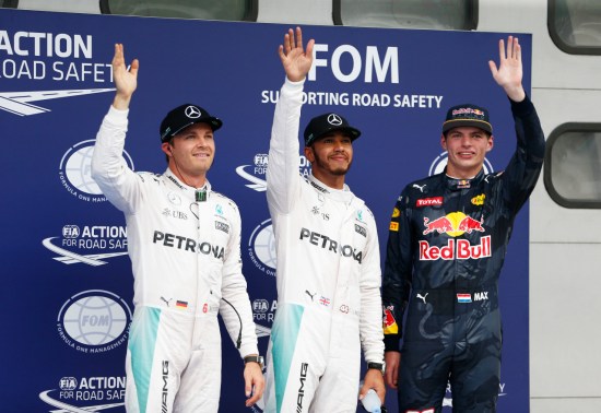 L-R: Rosberg, Hamilton and Max Verstappen for Red Bull starts in third for tomorrow's Malaysian GP.
